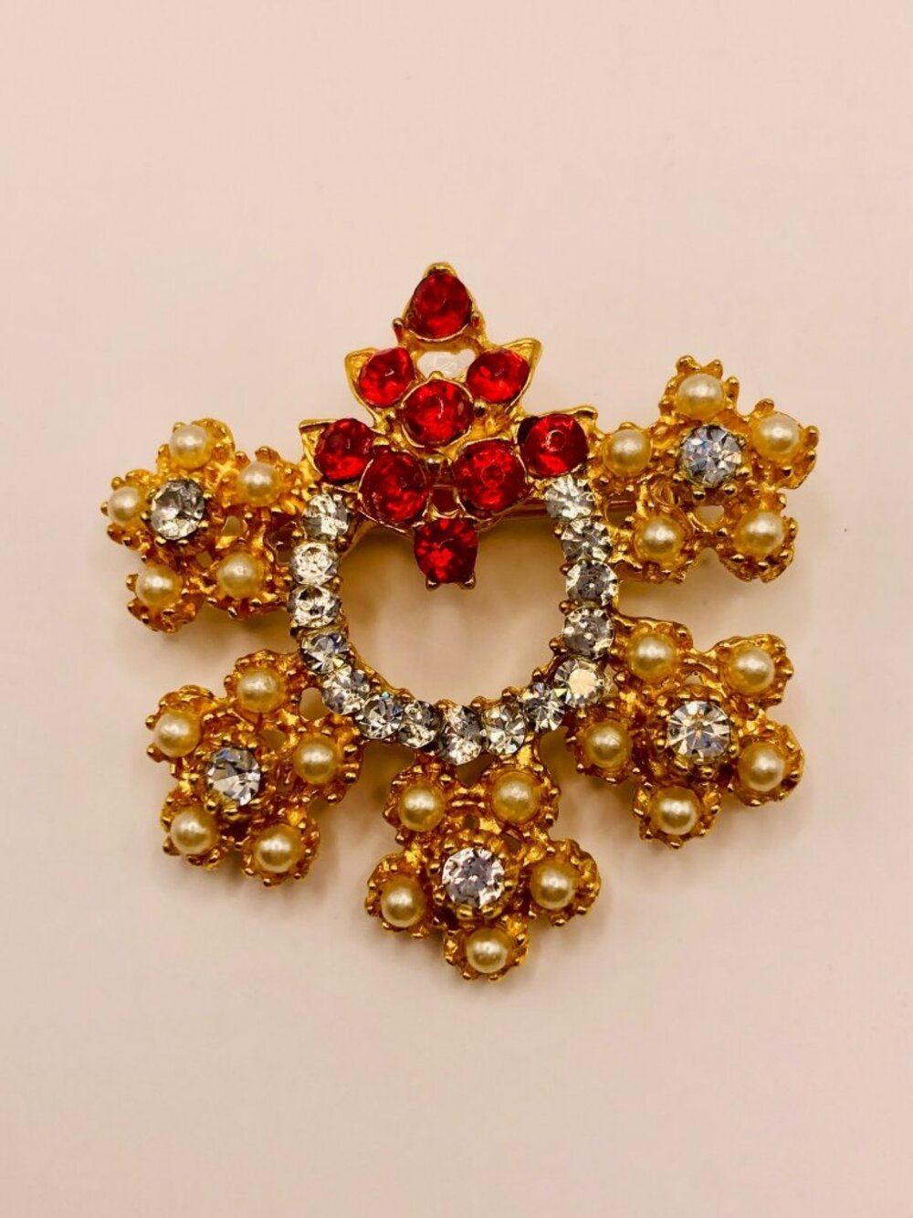Vintage Style Gold-Tone Brooch Faux Pearls Red & Clear Rhinestones -77B